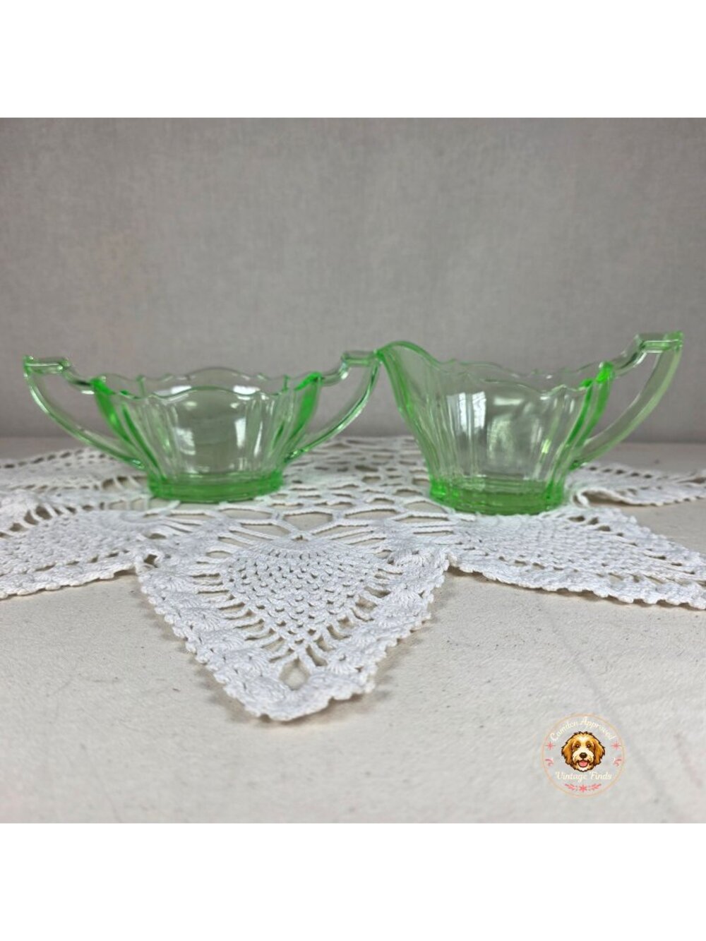Tiffin Reflex Green Uranium Glass Creamer & Open Sugar Set Depression Glass UV G